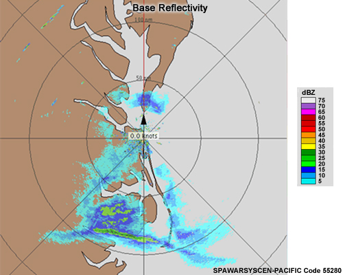 Military radar system base reflectivity image showing light and moderate precipitation to the south of the radar.