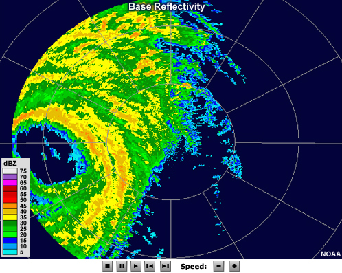 Radar reflectivity loop showing hurricane Wilma making landfall in 2005.  The eye, which is free of echo, is large and pronounced.  Bands of moderate to high reflectivity values encircle the eye, and other intense bands of precipitation can be seen spiraling outward from the storm's center.