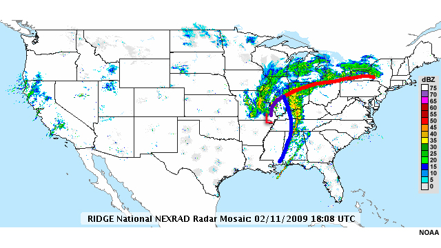 National Reflectivity Image showing a mass of moderate to light precipitation over Missouri and Illinois.  A wide swath of moderate to light intensity precipitation extends east-northeastward to New York, while a narrower band of more intense precipitation extends southward through Alabama