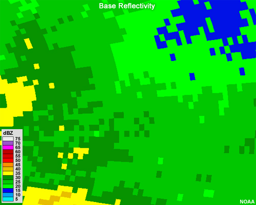 Base reflectivity image showing moderate precipitation across the radar image.  The pixels of the image are somewhat large.