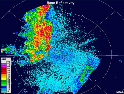 Base reflectivity image showing scattered areas of intense reflectivity, without a cellular or line nature